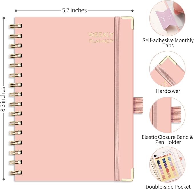 RETTACY Undated Planner, Weekly and Monthly, 53 Weeks and 12 Months, Medium Size (5.7" x 8.3"), 24 Self-adhesive Monthly Tabs, Hardcover, 100 GSM Thick Paper, Spiral-bound (Pink)