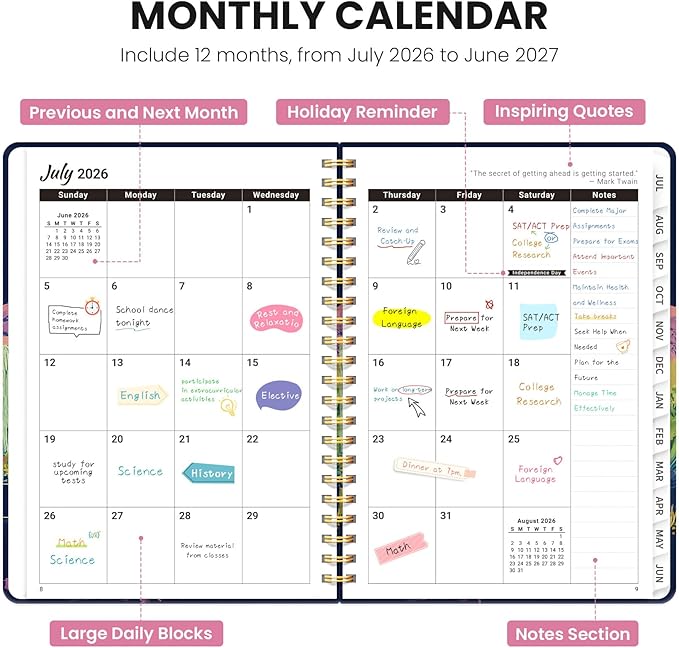 Planner 2026-2027, Monthly and Weekly Academic Planner July 2026 - June 2027, Hardcover Student Teacher Planning Agenda Calendar Book with Tabs, Perfect for Office School Supplies, A5 (6.3" x 8.5") - Cactus Mirage