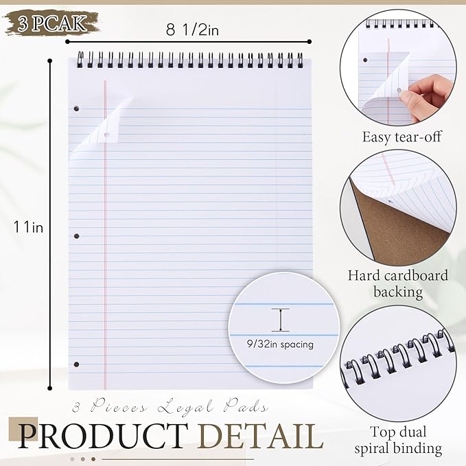 MotiMind 3 Pack 8.5" x 11" Top Spiral Notebook with 3 Hole Punched White Legal Pads College Ruled Notepad 50 Sheets Hard Cardboard Paper Wirebound Notepad for Office School Business