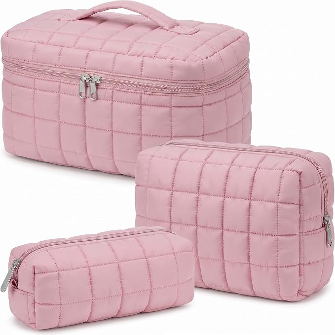 Huhumy 3 Pcs Large Puffy Makeup Bag Set Quilted Cosmetic Pouch for Women Cute Checkered Travel Toiletry Bag Puffer Makeup Organizer Purse Pouch Preppy Pencil Case with Zipper Valentine Gift(Pink)