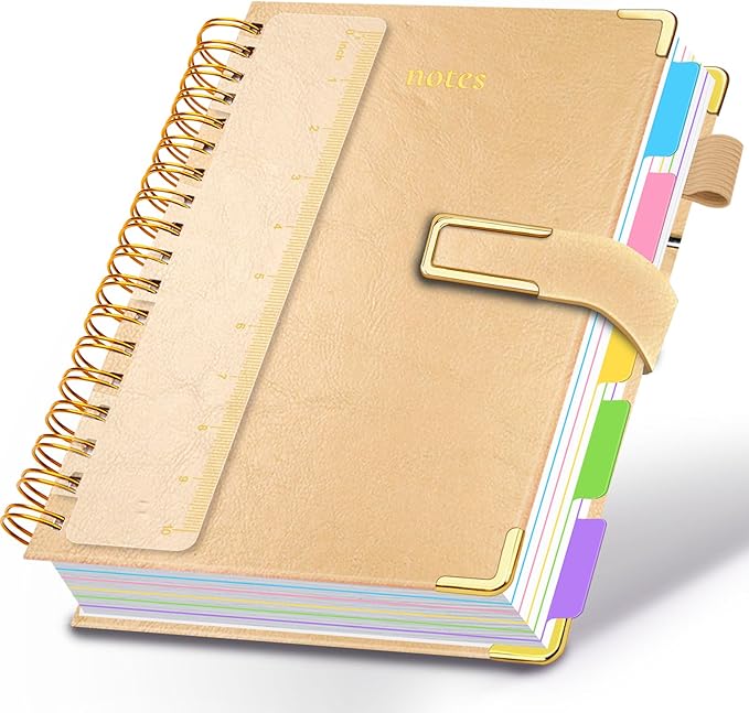Hardcover Spiral Notebook College Ruled, 8.5"x11" Leather Journal Notebook with Magnetic Closure, 300 Pages 5 Subject Notebook with Dividers Tabs Journal for Women Men, Work, School(Golden)