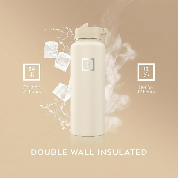 IRON °FLASK 40 oz Wide Mouth Water Bottle with Straw | Insulated Stainless Steel Sports Water Bottle with Leakproof Straw Lid - BPA Free, Cold 24 Hrs, Sweat Free (Cashmere Cream)