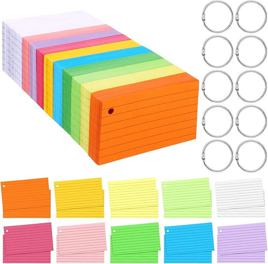 Patelai 1500 Pcs Index Cards Flash Cards with Rings 2 x 3.5 Inch Lined Notecards with 8 Pcs Metal Rings for Studying Learning Memory Office School Supplies(Mixed Color)