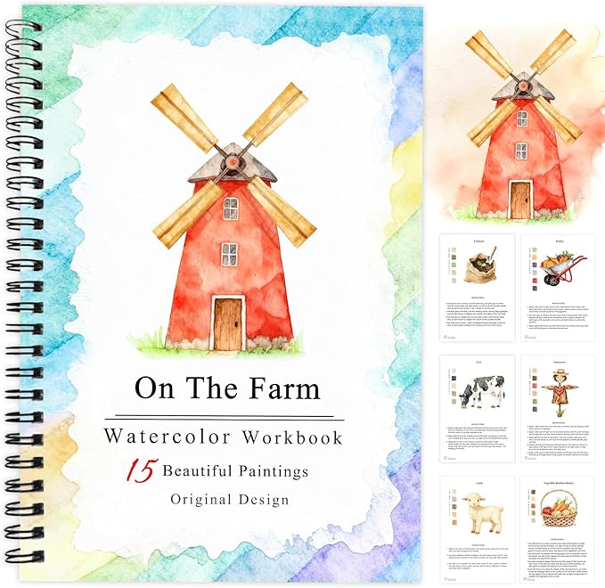 SLWBZ Watercolor Workbooks Coloring Book, Beginner Friendly Painting Kit, Detailed Steps, Creative Exploration Watercolor Book with Paint Set for Adults Teens (Farm, Without Paint)