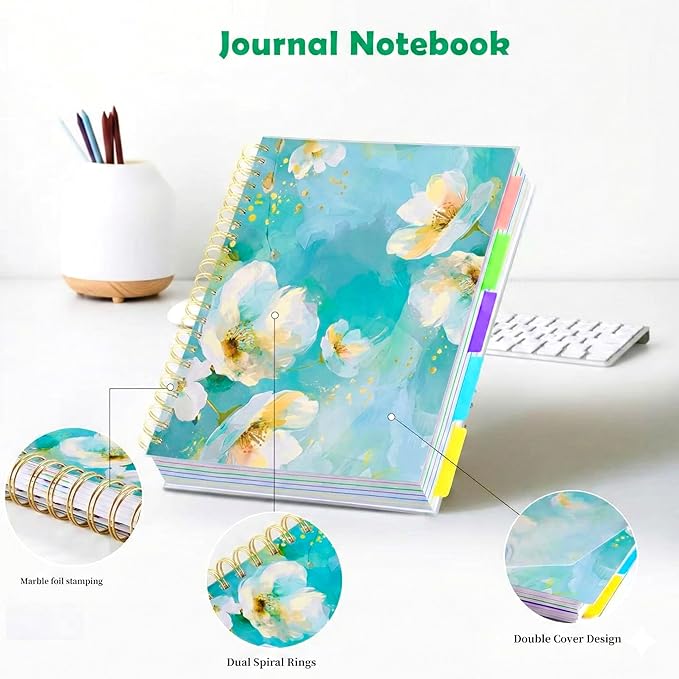 5 Subject Notebook for Work with Removable Dividers Tabs, Large 8.5" x 11 Spiral Lined Notebooks for School Note Taking & Organizer, A4 240 Pages College Ruled Journal for Women & Writing, Green Floral