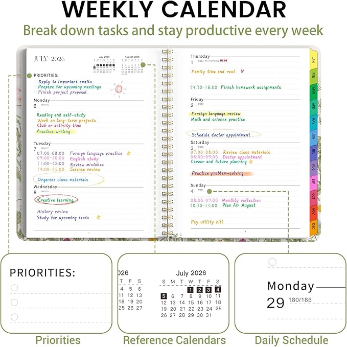 Academic Planner 2026–2027, Weekly & Monthly Calendar Planner, July 2026 – July 2027, Hardcover A5 (6.3" x 8.5") Agenda with Tabs, School Planner for Students & Teachers, Garden Flowers
