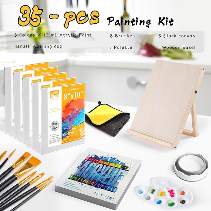 Paint Set, Acrylic Paint Set for Kids & Adults - Painting Supplies with 18 Acrylic Paints, 8 Painting Brushes, 5 Canvas Panels, etc