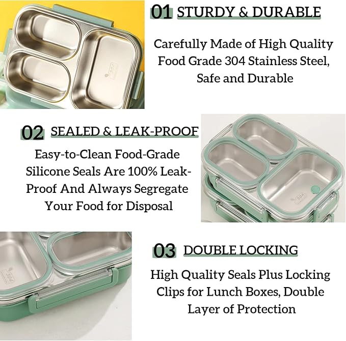 Stainless Steel Bento Box for Kids, 3-Compartment Leakproof Lunch Box with Lid, Toddler Food Container for School, Microwave Safe, Dishwasher Safe, BPA Free, 25oz(green)