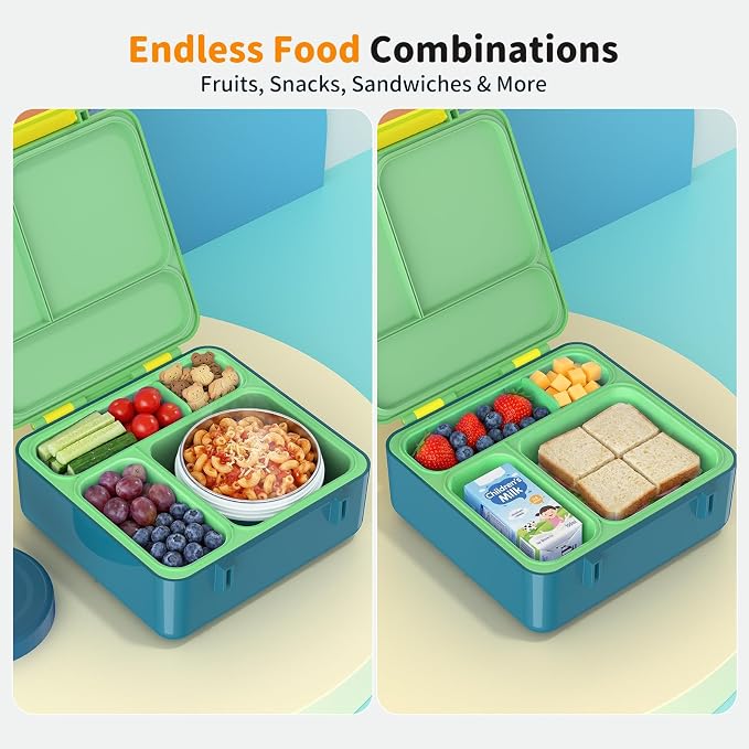 Bento Box for Kids, Lunch Box with Sticker for School | DIY Sticker Fun, Quick Lunch Packing, 4-Compartment Design, Insulated Food Jar, BPA-Free, Leak-Proof