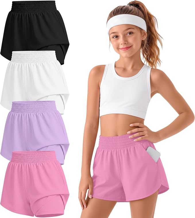 4 Pack Girls Athletic Shorts 2 in 1 Quick Dry High Waist Tween Shorts with Liner Kids Back to School Running Shorts