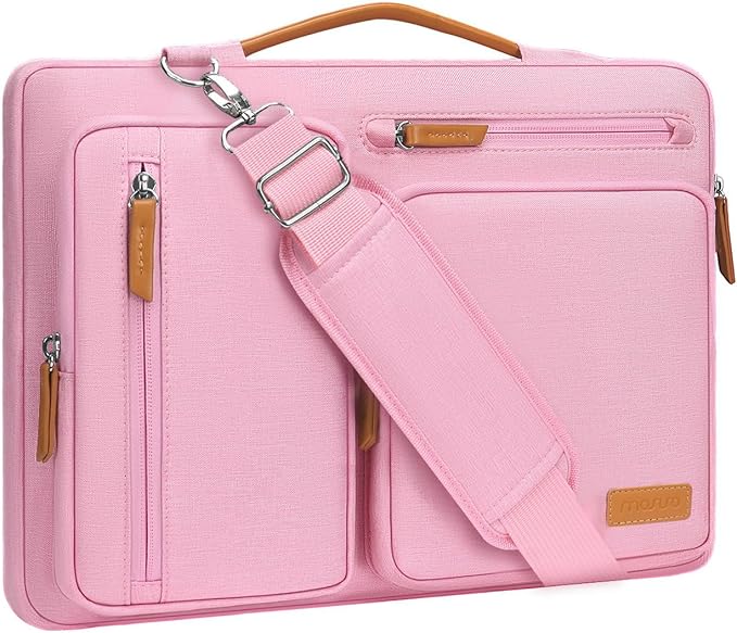 MOSISO 360 Protective Laptop Shoulder Bag,13-13.3 inch Computer Bag Compatible with MacBook Pro 14, HP, Dell, Lenovo, Asus Notebook,Side Open Messenger Bag with 4 Zipper Pockets&Handle, Pink