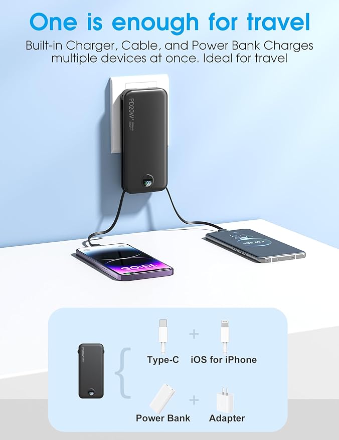 citicr Portable Charger, 10000mAh PD20W Fast Charging Power Bank with Built-in Cables & Wall Plug, External Battery with LED Display, Travel Battery Bank for iPhone, iPad, Samsung Matte Black