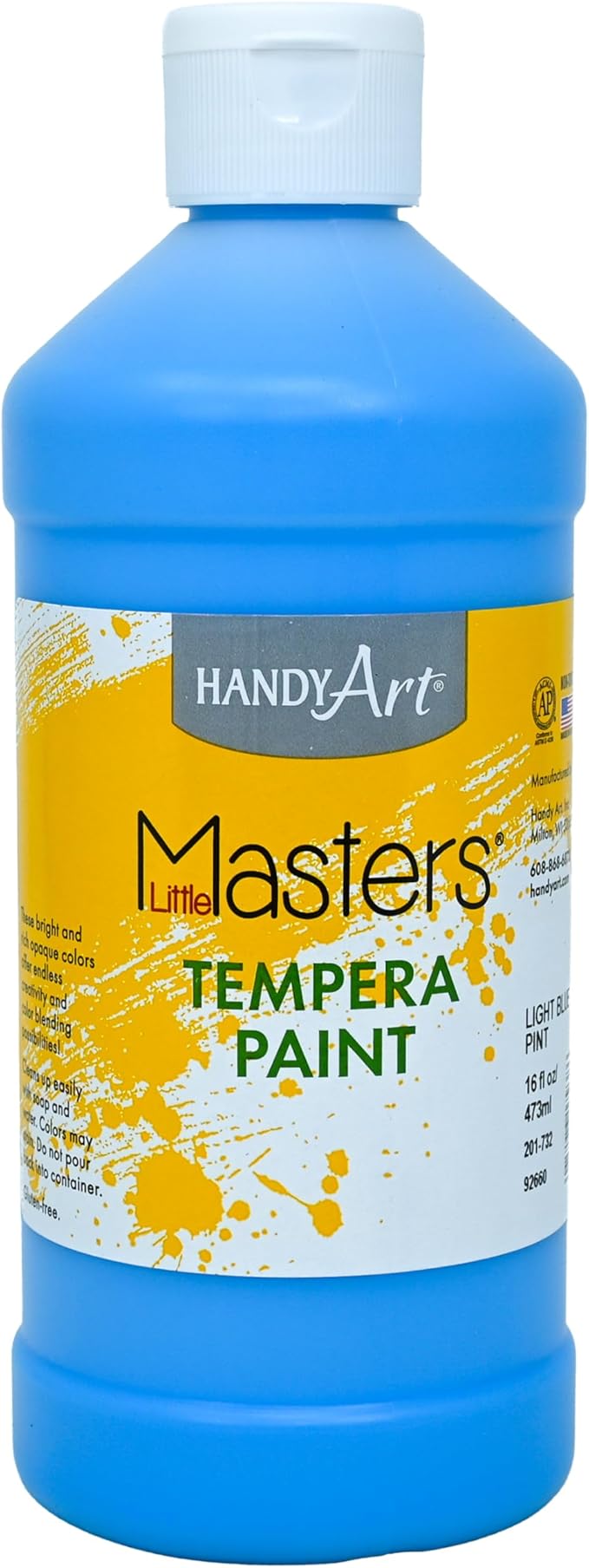 Handy Art Little Masters Tempera Paint, Light Blue, 16 oz Bottle, Bright & Mixable, High Opacity, Washable Colors for Classroom, Students, Kids, Young Artists, Safe & Non-Toxic, Made in USA