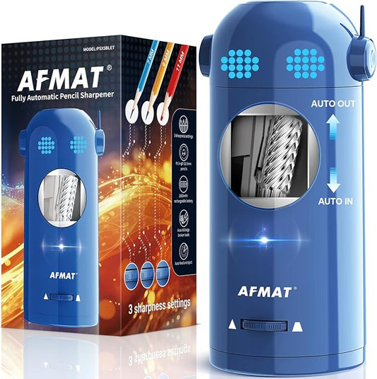 AFMAT Electric Pencil Sharpener, Fully Automatic Colored Pencil Sharpener for 7-11.5mm Pencils, Auto in & Out, Robot Pencil Sharpener for Kids, Rechargeable Hands-Free with Dotted Eyes, PSX5ET, Blue