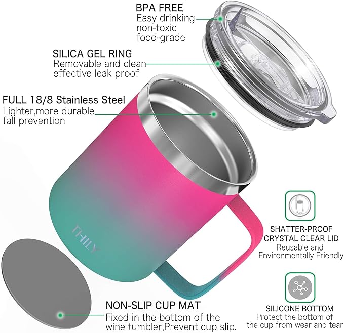 THILY Stainless Steel Insulated Travel Mug 12 oz Vacuum Insulated Coffee Cup with Handle, Spill-proof Lid, Keep Coffee Cold or Hot Hours, Pink & Green