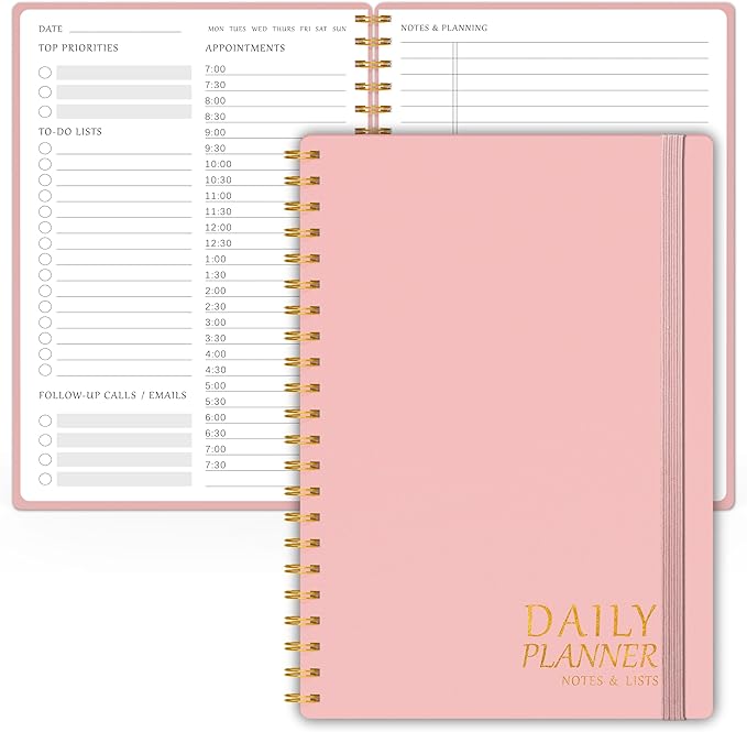 Daily Planner with Hourly Schedules - Undated To Do List Notebook, Spiral Bound, 5.5" x 8.5", Manage Your Tasks and Appointments, The Perfect Office Supplies for Women - Pink