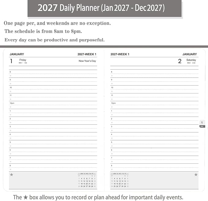 2027 Daily Planner/Calendar, One Page Per Day, Daily Monthly Agenda Planner with Time Slots and Monthly Tabs, Jan - Dec 2027, 5.7" x 8.25" Appointment Book, Pen Holder, Leather Cover (Green)