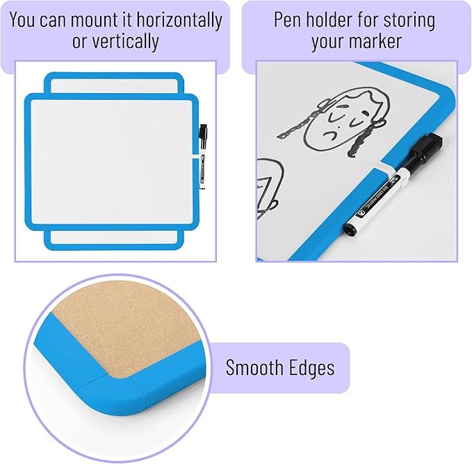 Mr. Pen- Dry Erase Board, 14” x 11” with a Black Dry Erase Marker, Blue Frame, Small Mini White Board for Students, Fridge, Wall, Locker, Includes Double Sided Tapes