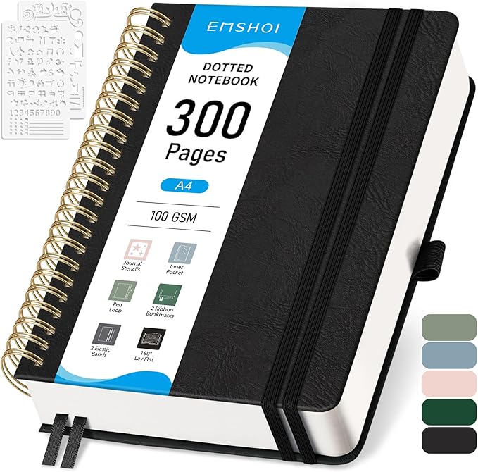 EMSHOI Dotted Journal Spiral Notebook - 300 Pages, A4 Hardcover Leather, 100 GSM Thick Dot Grid Notebook for Women Men Work Writing, Journaling, Drawing, 8.27" x 11.2", Black