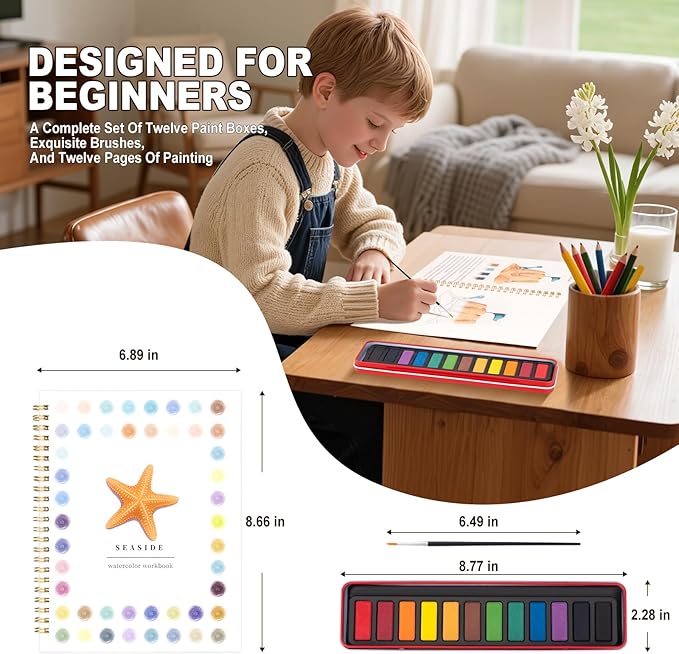 Metyond Beginner Watercolor Workbook Kit - Watercolor Painting Kit with 1 Workbook 12 Colors Paint Set with Brush, Beginner Friendly Watercolor Paint Set Gift for Adults Teens (Seaside)