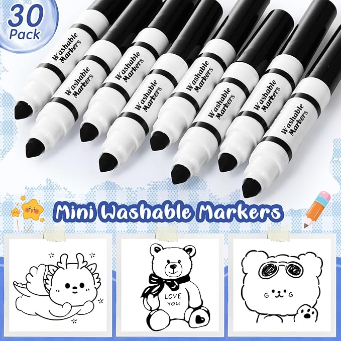 30 Pcs Mini Washable Markers Bulk Broad Line Conical Tip Washable Mark Pen Set Short Coloring Paint Pen for Kid Art Projects Teacher Student Toddler Party Favors Classroom, Ages 6+(Black)