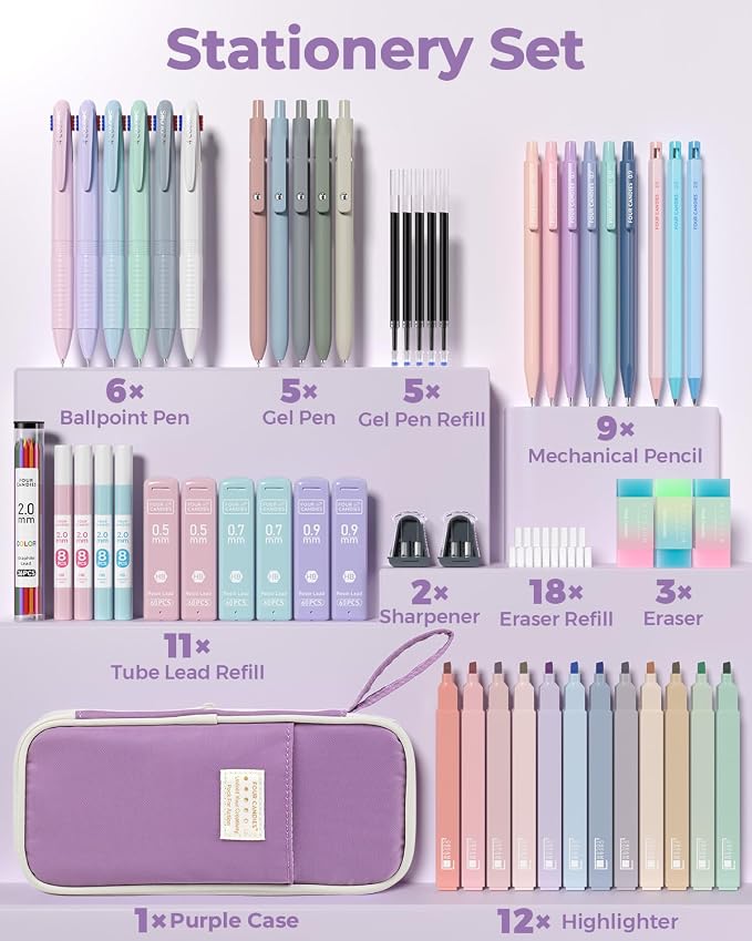 Four Candies 56PCS School Supplies with Pencil Case, Stationery Set, Purple | 6 Multicolor Pens, 12 Pastel Highlighters, 5 Gel Pens, 9 Mechanical Pencils, Back to School, College Essentials for Students