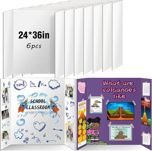Trifold Poster Board 6 Pack, IKAYAS 24 X 36 Inch Double Sided White Poster Boards, Science Fair Display Boards Presentation Boards for Mounting, Prints, Art, Display, Projects Classroom Supplies