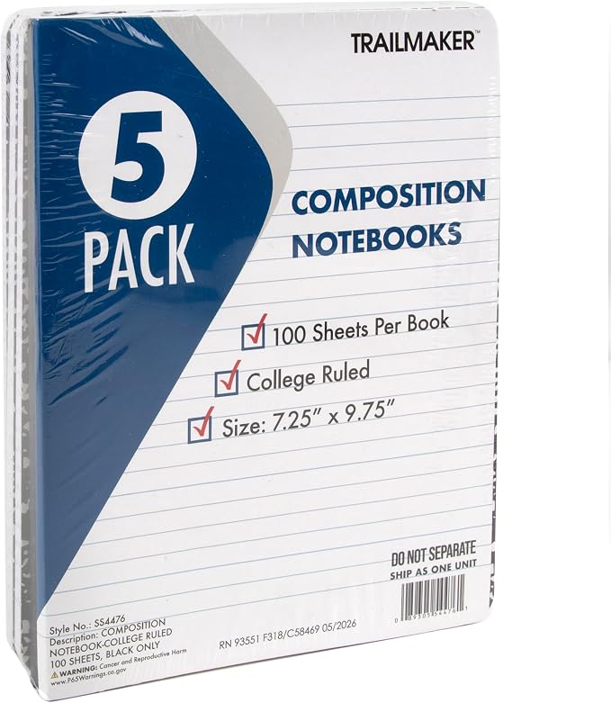 Trail maker 5 Pack Composition Notebooks, College Ruled Marble Cover, 200 Pages (100 Sheets), 9.75 x 7.25, Bulk School Supplies for Classroom, Office & School Donations