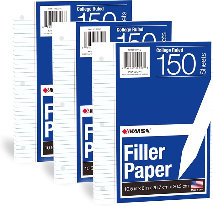 Kaisa Loose Leaf Paper Filler Paper 8x10.5 inches, College Ruled, 3-Hole Punched for 3-Ring Binder, 150 Sheets/Pack (3 Pack) F15001C