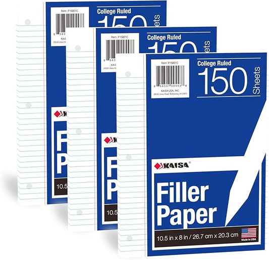 Kaisa Loose Leaf Paper Filler Paper 8x10.5 inches, College Ruled, 3-Hole Punched for 3-Ring Binder, 150 Sheets/Pack (3 Pack) F15001C