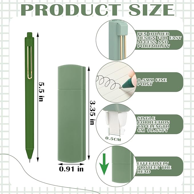 Resurhang Aesthetic Stationery Set Supplies Sticky Notes Set 6 Mini Correction Tapes 6 Retractable Black Ink Pens 0.5mm Fine Point Paper Corrective Pen Self Stick Index Tabs(Green)