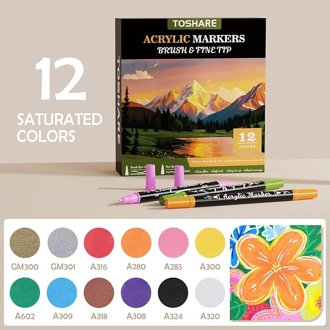 12 Colors Precision Dual Tip Acrylic Paint Markers Pens - Brush & Fine