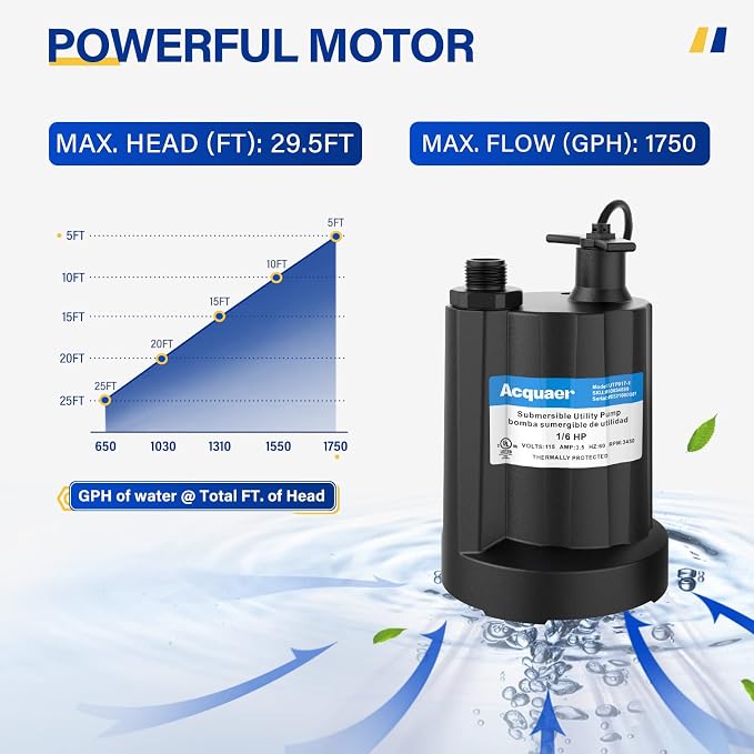 Submersible Water Pump 1/6 HP Sump Pump Thermoplastic Utility Pump Small Electric Water Pump 1750GPH Water Remove for Basement Hot Tubs Garden Pool Cover Draining with 10 ft Cord | Thermoplastic Utility Pump Electric Water Pump Water Remove for Basemen...
