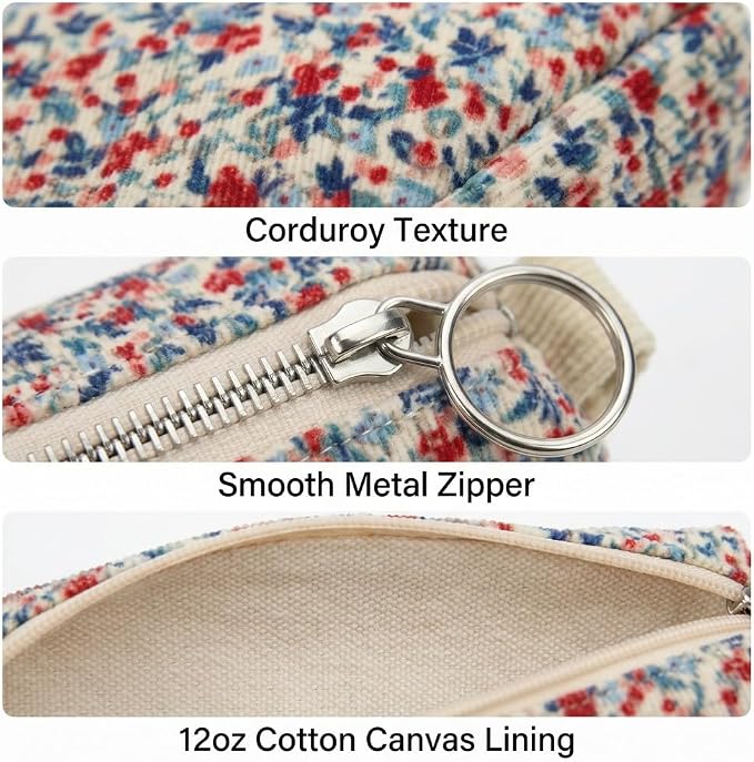 Soft Corduroy Pencil Case Pen Pouch Organizer, Small Stationery Bag | Cute beige small floral pencil pouch, smooth zipper, daily cosmetics holder, compact organizer for school teen girls, women