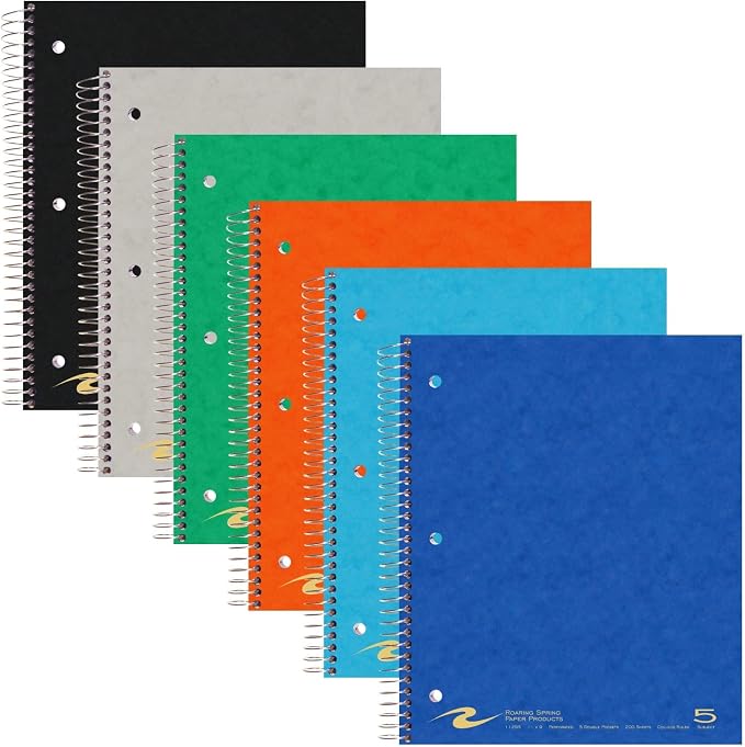 ROARING SPRING 5 Subject Spiral Notebook, 12 Pack, 11" x 9", College Ruled, 200 Perforated Sheets, Assorted Eco Press Covers, 5 Double Storage Pockets, Made in USA