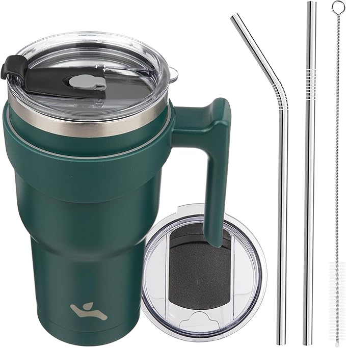 Konokyo 30 oz Tumbler with Handle and 2 Straw 2 Lid, Insulated Water Bottle Stainless Steel Vacuum Cup Reusable Travel Mug,Army Green