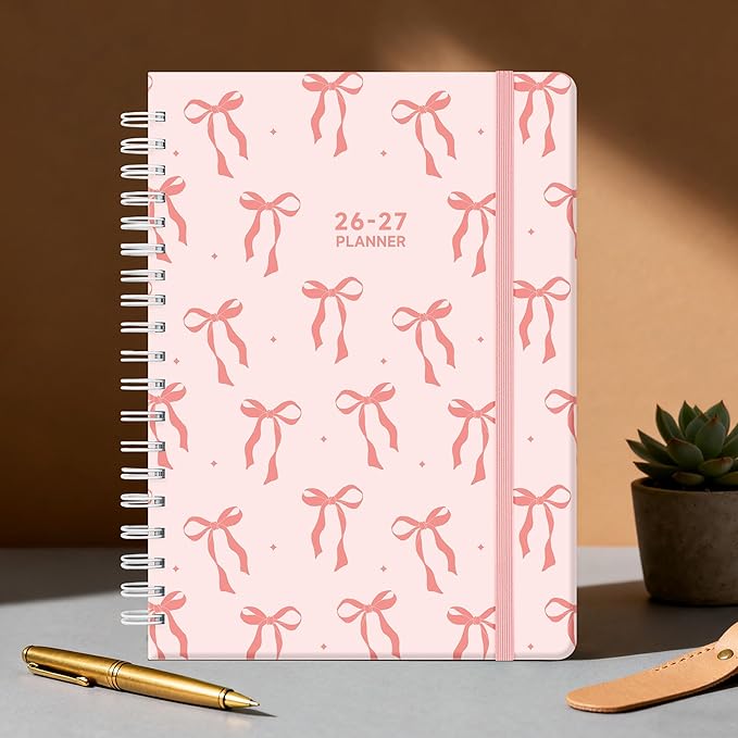 Planner 2026-2027 Monthly and Weekly Academic Planner July 2026 - June 2027, Hardcover Calendar 2026-2027 Agenda Daily Planner for Student Teacher School Office Supplies, 7.4" x 10.2", Pink Bow