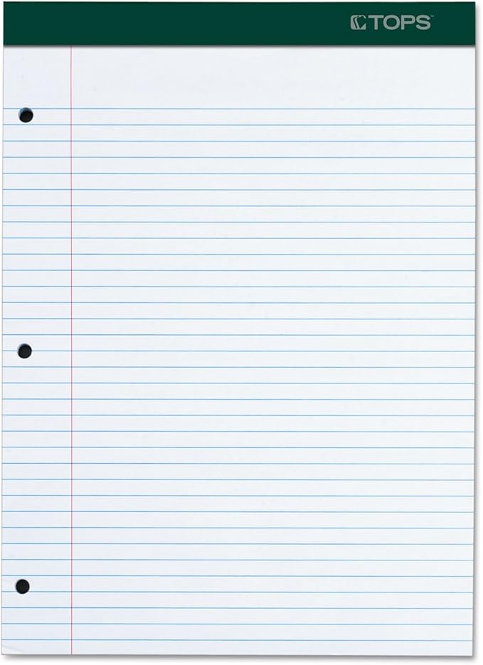 TOPS Docket Writing Pad, 8-1/2" x 11-3/4", College Rule, White Paper, 3-Hole Punched, 100 Sheets (63384)