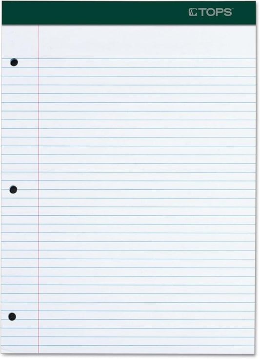 TOPS Docket Writing Pad, 8-1/2" x 11-3/4", College Rule, White Paper, 3-Hole Punched, 100 Sheets (63384)