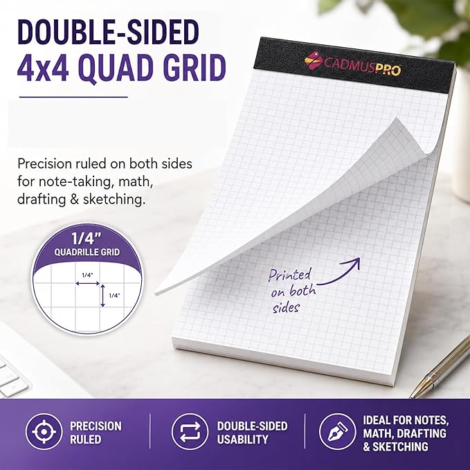 Graph Paper Pad 5x8 Inches, 50 Sheets, 1/4 Inch Quad Ruled 4x4 Grid 80 GSM Writing Pad for Math, Engineering, Drafting, Architecture, Sketching, School and Office