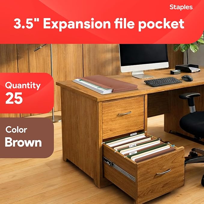Staples Reinforced File Pockets, Letter Size, 3.5‑Inch Expansion, Heavy‑Duty Brown Accordion Files for Organization – 25/Pack