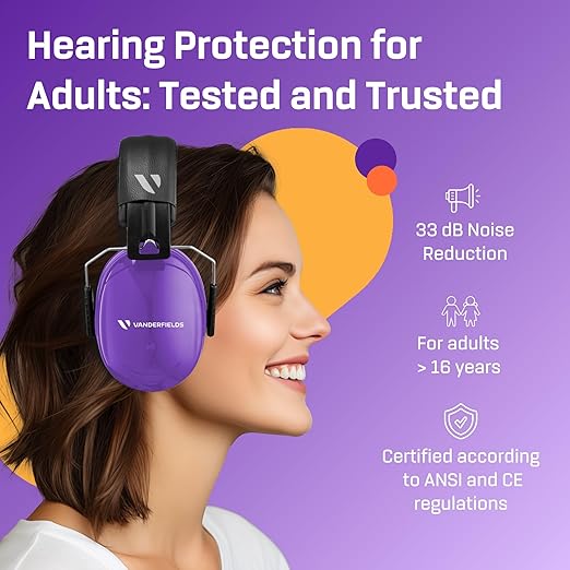 Vanderfields - Hearing Protection Ear Muffs - Over 35 dB (2K Hz) Broad Noise Cancelling Sound Reduction - Adults & Teens