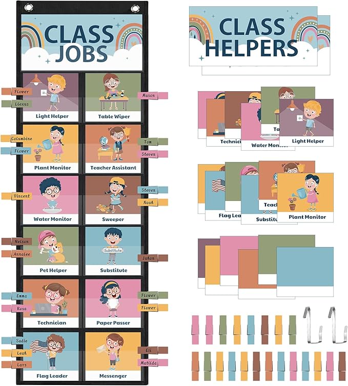 Pasimy Class Jobs Pocket Chart Class Helpers Pocket Chart Classroom Jobs Cards with Clips and Hooks Teacher's Helper Bulletin Board Set for Back to School Classroom Teacher Supplies (Boho)