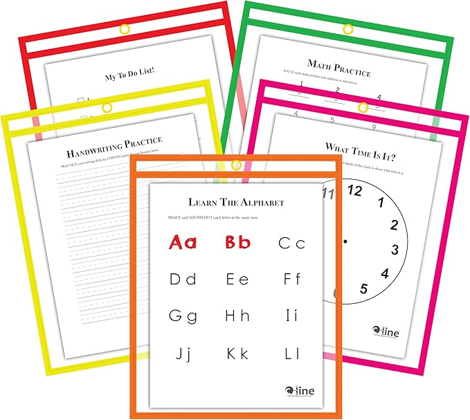 C-Line Reusable Dry Erase Pockets, 9 x 12 Inches, Assorted Neon Colors, 25 Pockets per Pack (40820)