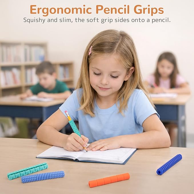 Textured Silicone Pencil Grips, Sensory Pencil Fidget Sleeves for Kids, Teens, Adults with ADHD, Autism, Anxiety Relief, Writing Aid Tools ADHD Tools (4 Packs)