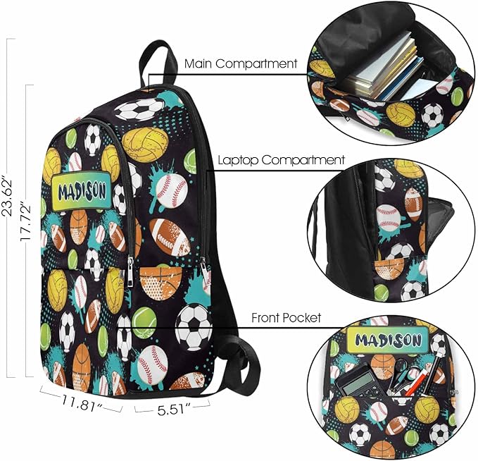 M YESCUSTOM Custom Boys Backpack with Lunch Box Set for Toddler Kids, Colorful Ball Games Football Personalized School Backpack with Name for Picnic Travel Lightweight Book Bag