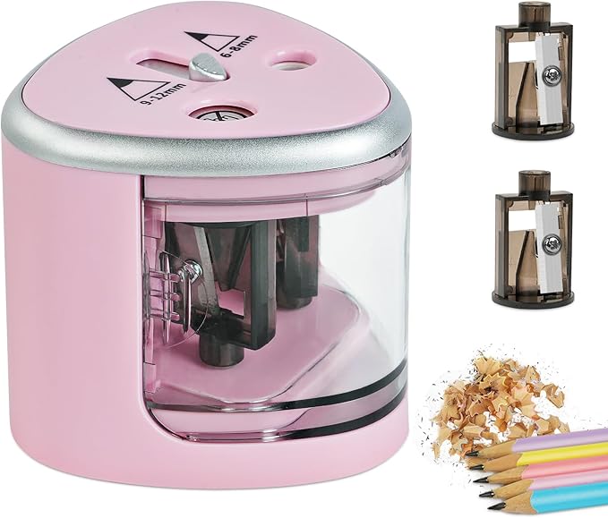 AUAUY Electric Pencil Sharpener with Double Hole, Battery Operated Automatic Sharpener with 2 Extra Knife Holders, for 6-8mm/9-12mm Standard Pencils, Colored Pencils, and Skectch Pencils（Pink）