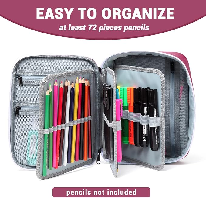 VASCHY Large Pencil Case, Art Color Pencils Pouch with Detachable Layers Multiple Zip Pockets for School Office Stationary Organization Burgundy