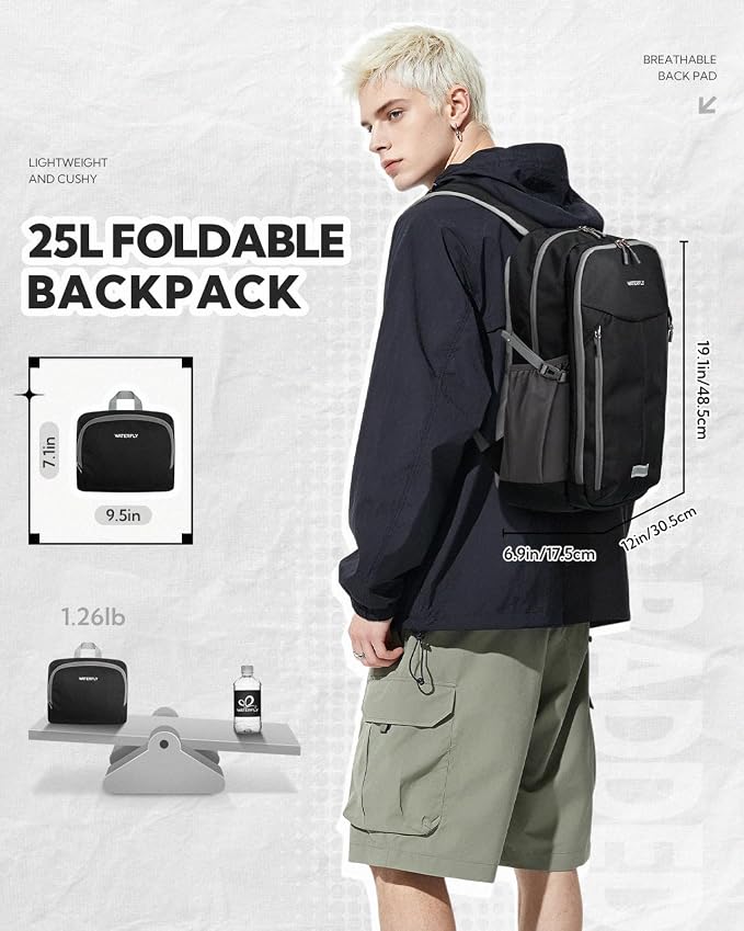 WATERFLY Lightweight Packable Backpack, 25L Small Foldable Travel Daypack | Large Opening Pocket with Luggage Strap, Breathable Back Pad, Easy to Fold, Compact Day Pack for Hiking Outdoor