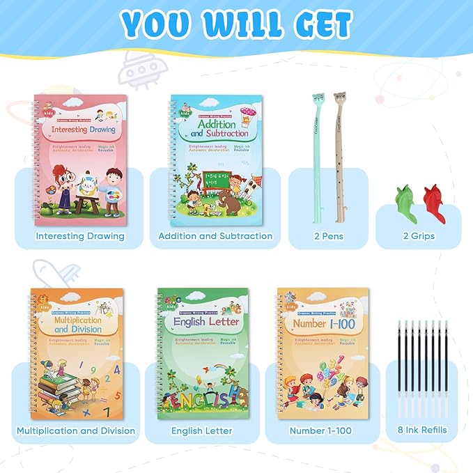 ASIGN Reusable Magic Handwriting Workbooks for Kids - 3D Grooved Tracing Copybook with Auto-Fading Ink & Grip Aid to Correct Pen Posture (6-Book Set, Preschool & Kindergarten Prep)
